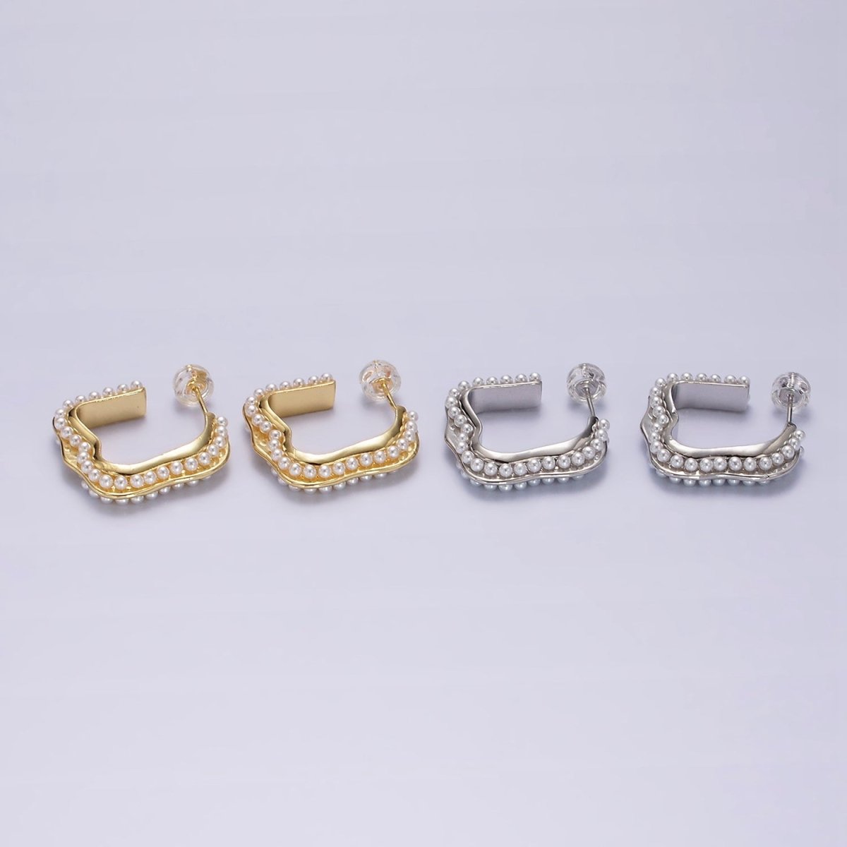 14K Gold Filled 20mm Pearl Lined Boxy J-Shaped Hoop Earrings in Silver & Gold | AE241 AE242