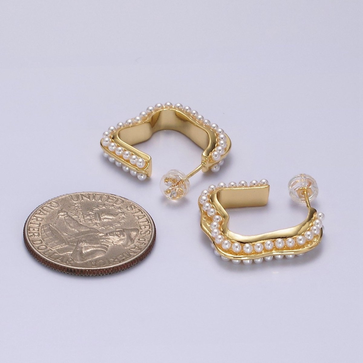 14K Gold Filled 20mm Pearl Lined Boxy J-Shaped Hoop Earrings in Silver & Gold | AE241 AE242