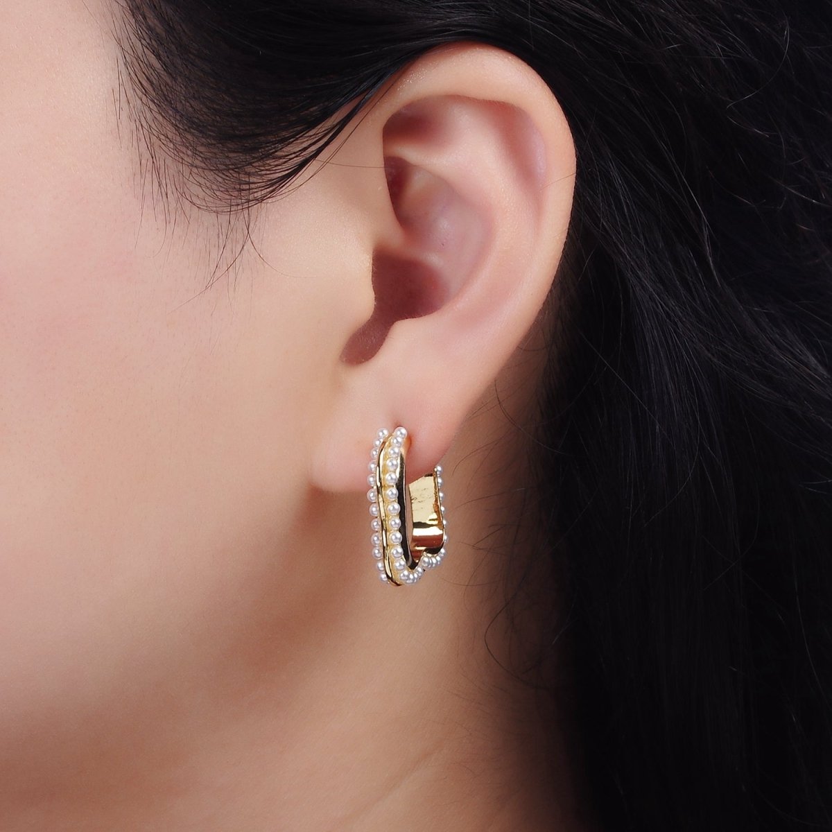 14K Gold Filled 20mm Pearl Lined Boxy J-Shaped Hoop Earrings in Silver & Gold | AE241 AE242