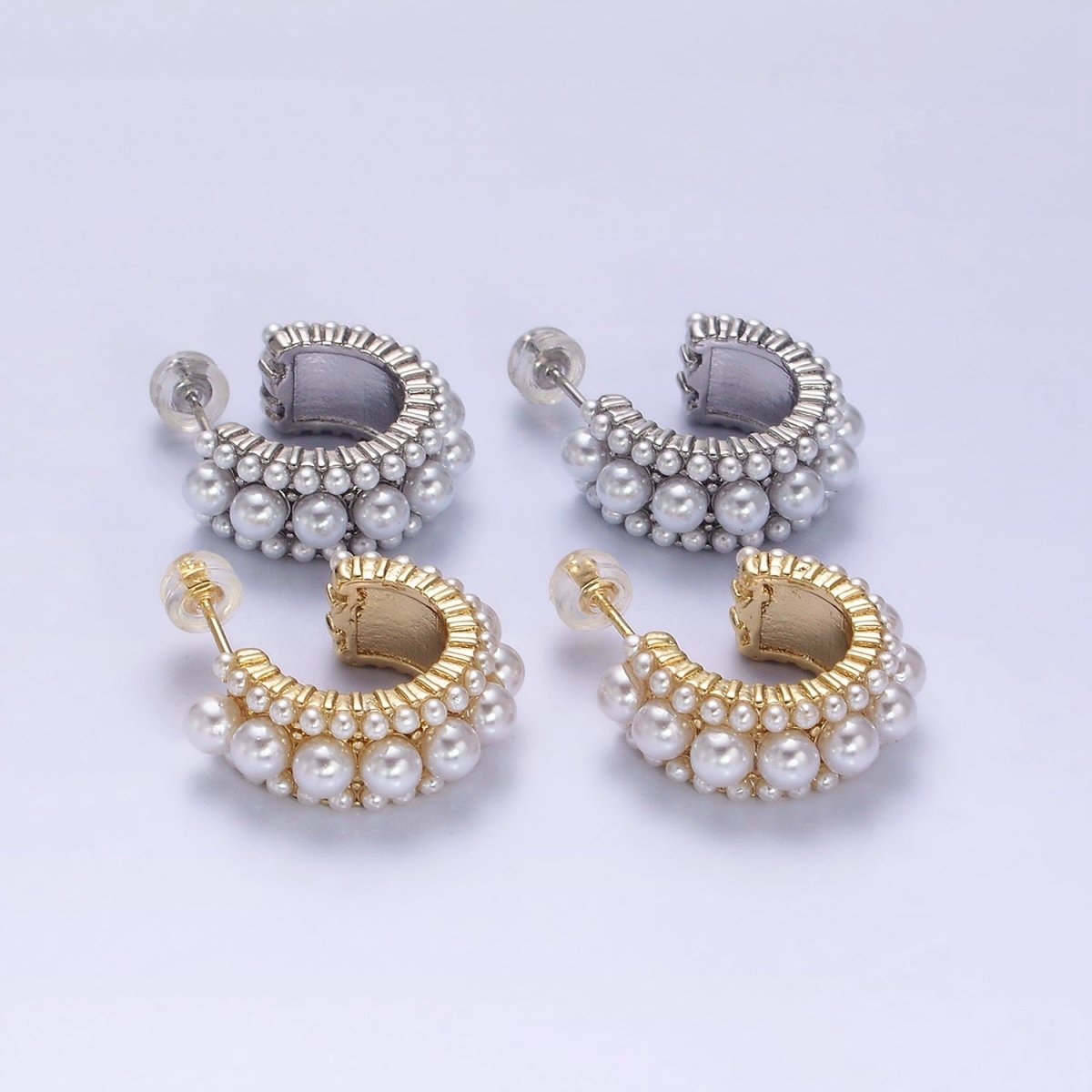 14K Gold Filled 20mm Triple White Pearl Lined C-Shaped Hoop Earrings in Gold & Silver | AD-455 AD-460