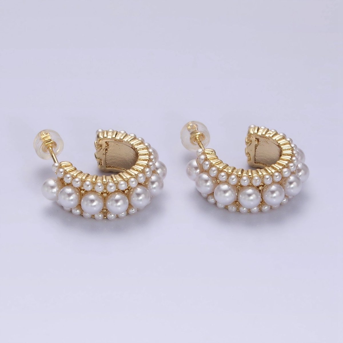 14K Gold Filled 20mm Triple White Pearl Lined C-Shaped Hoop Earrings in Gold & Silver | AD-455 AD-460