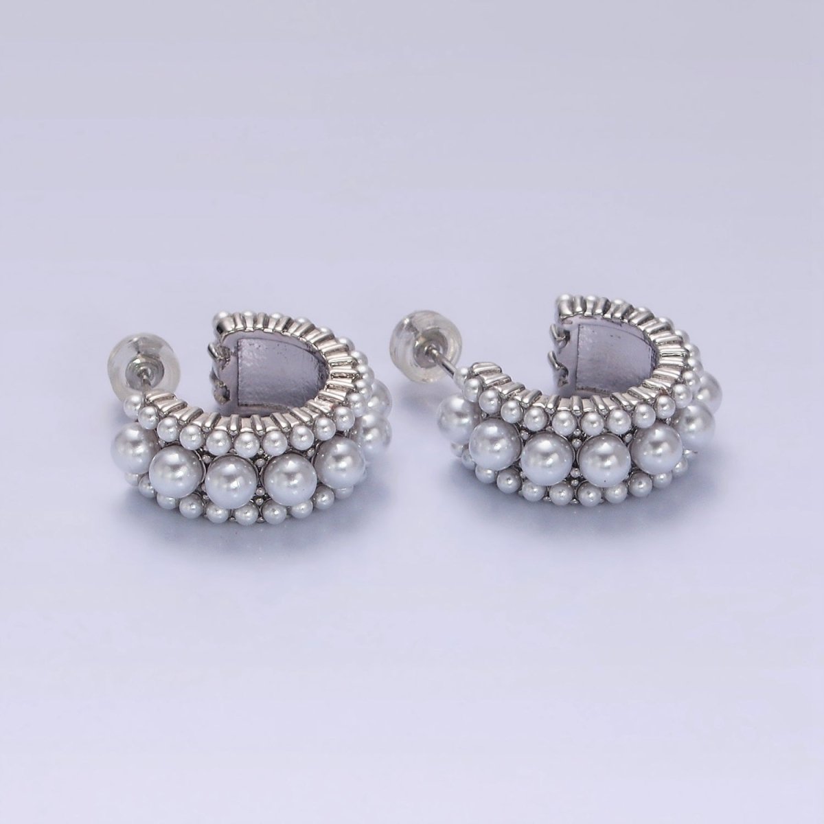 14K Gold Filled 20mm Triple White Pearl Lined C-Shaped Hoop Earrings in Gold & Silver | AD-455 AD-460