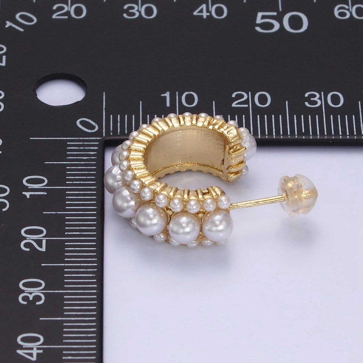 14K Gold Filled 20mm Triple White Pearl Lined C-Shaped Hoop Earrings in Gold & Silver | AD-455 AD-460