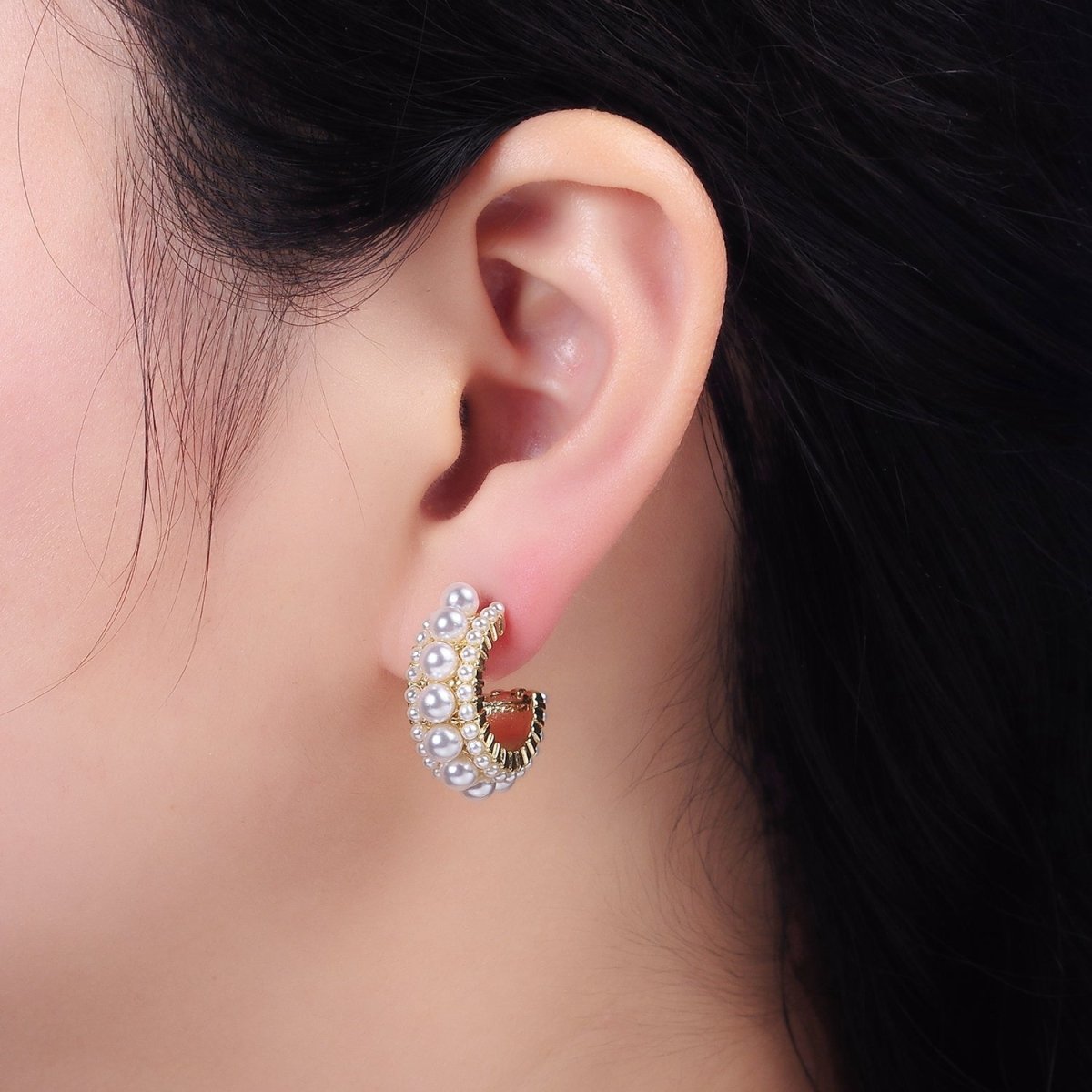 14K Gold Filled 20mm Triple White Pearl Lined C-Shaped Hoop Earrings in Gold & Silver | AD-455 AD-460