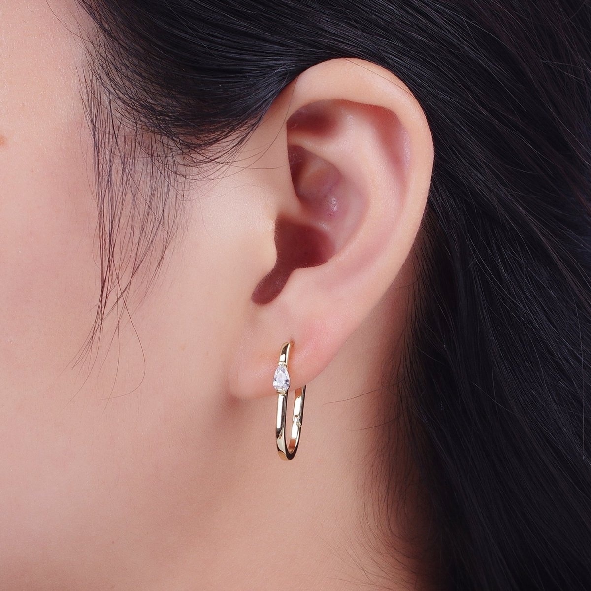 14K Gold Filled 21mm, 30mm Clear Teardrop CZ Oblong U-Shaped Hoop Earrings | AD-195 AB-250
