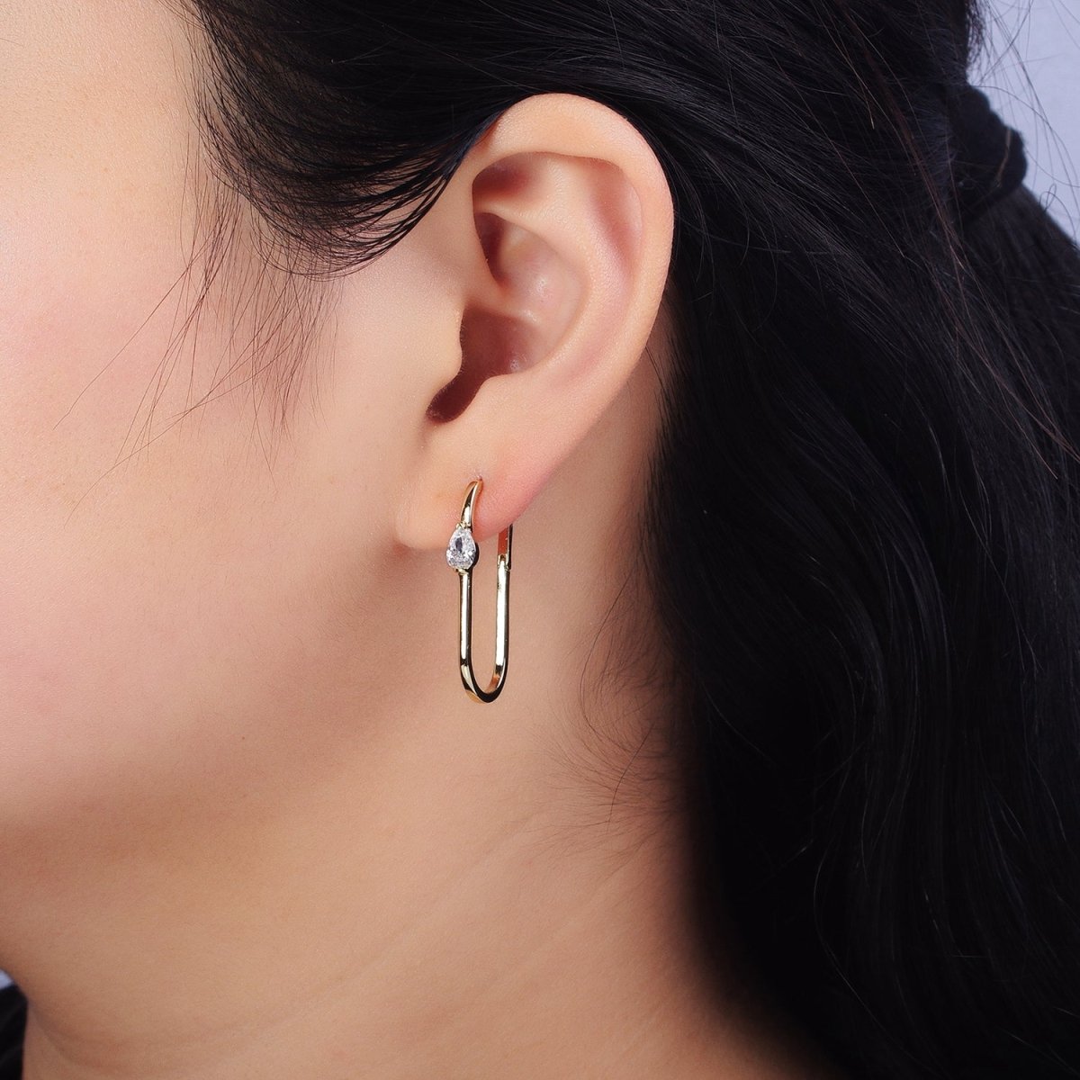14K Gold Filled 21mm, 30mm Clear Teardrop CZ Oblong U-Shaped Hoop Earrings | AD-195 AB-250