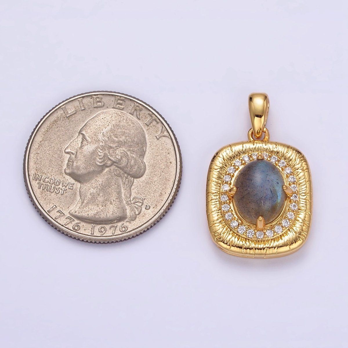 14K Gold Filled 21mm Moonstone, Labradorite, Blue Agate Oval Micro Paved CZ Lined Pendant | AA-689 - AA-691