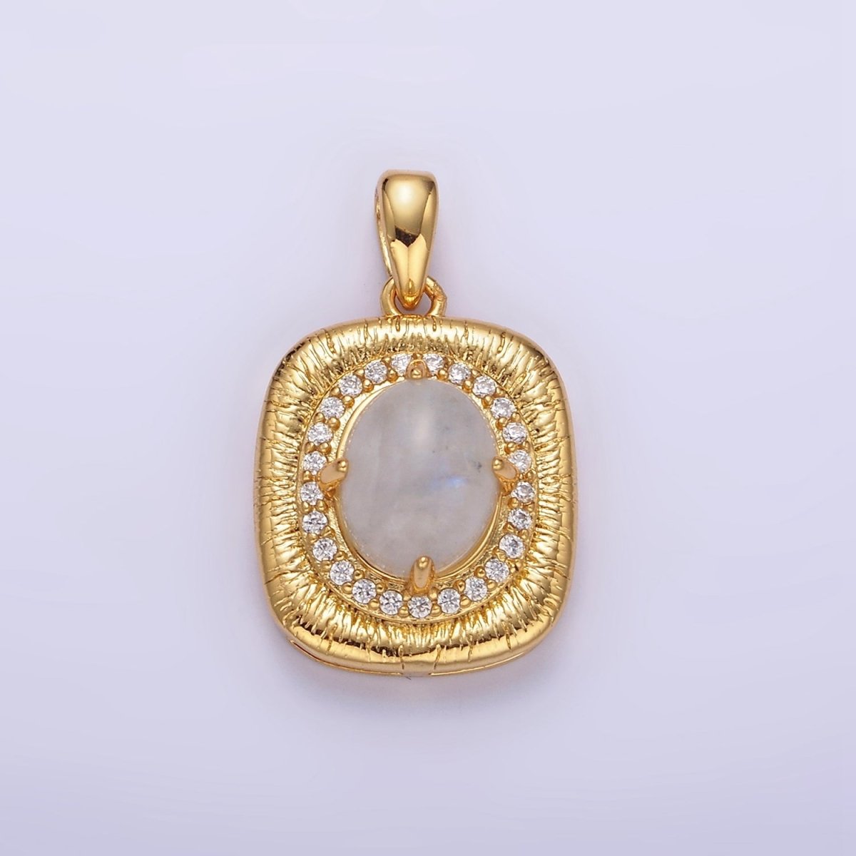 14K Gold Filled 21mm Moonstone, Labradorite, Blue Agate Oval Micro Paved CZ Lined Pendant | AA-689 - AA-691