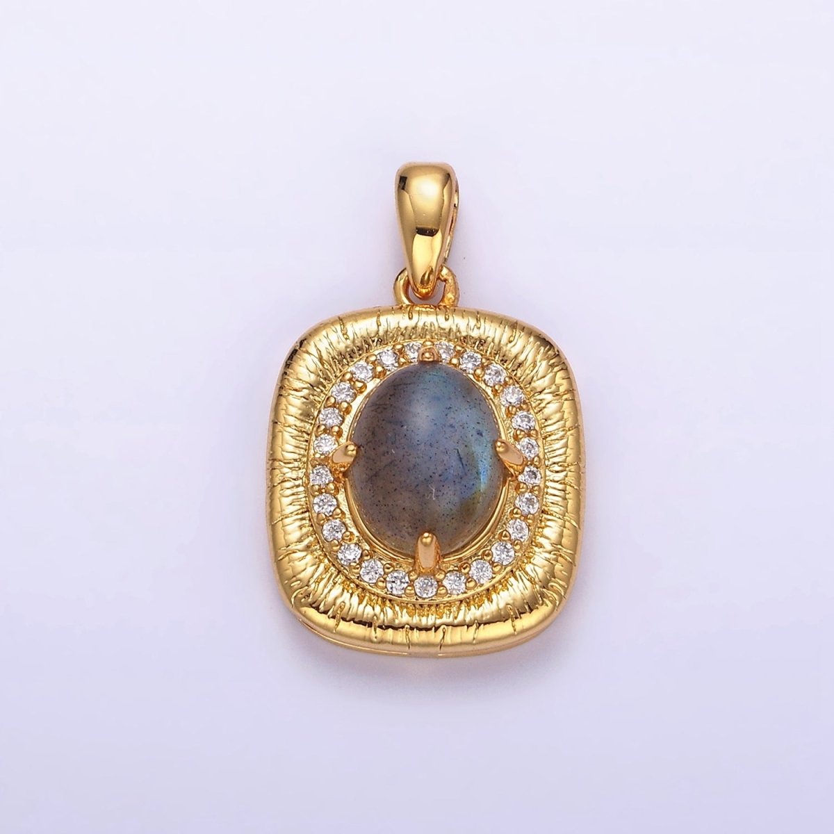 14K Gold Filled 21mm Moonstone, Labradorite, Blue Agate Oval Micro Paved CZ Lined Pendant | AA-689 - AA-691