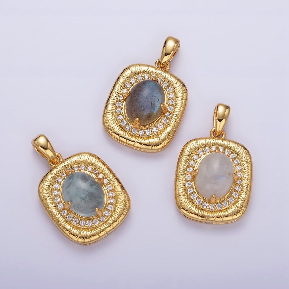 14K Gold Filled 21mm Moonstone, Labradorite, Blue Agate Oval Micro Paved CZ Lined Pendant | AA-689 - AA-691