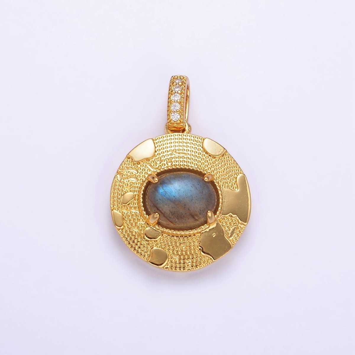 14K Gold Filled 22.5mm Moonstone, Labradorite, Blue Agate Oval Dotted Splatter Micro Paved CZ Bail Round Pendant | AA692 - AA694