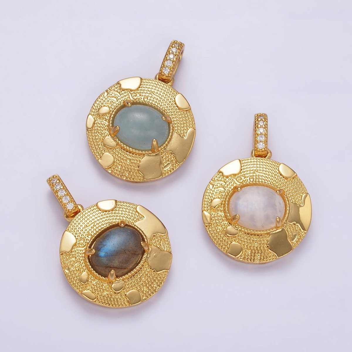 14K Gold Filled 22.5mm Moonstone, Labradorite, Blue Agate Oval Dotted Splatter Micro Paved CZ Bail Round Pendant | AA692 - AA694