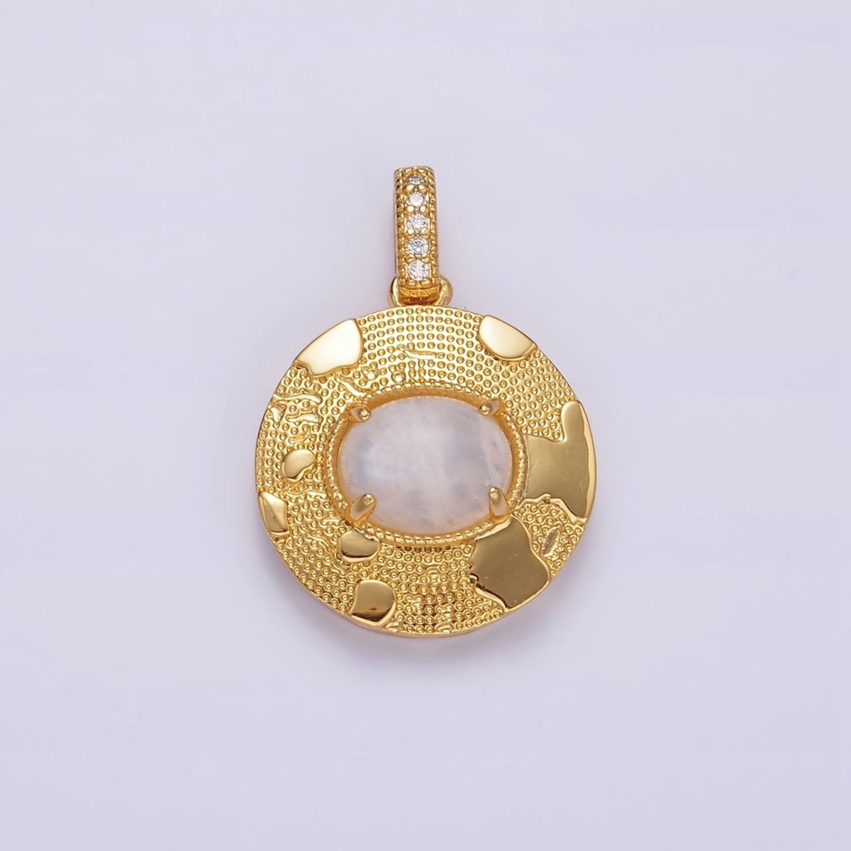 14K Gold Filled 22.5mm Moonstone, Labradorite, Blue Agate Oval Dotted Splatter Micro Paved CZ Bail Round Pendant | AA692 - AA694