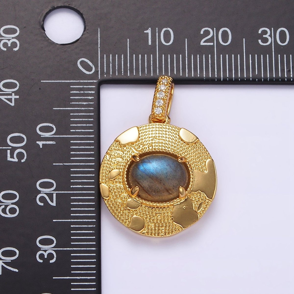 14K Gold Filled 22.5mm Moonstone, Labradorite, Blue Agate Oval Dotted Splatter Micro Paved CZ Bail Round Pendant | AA692 - AA694