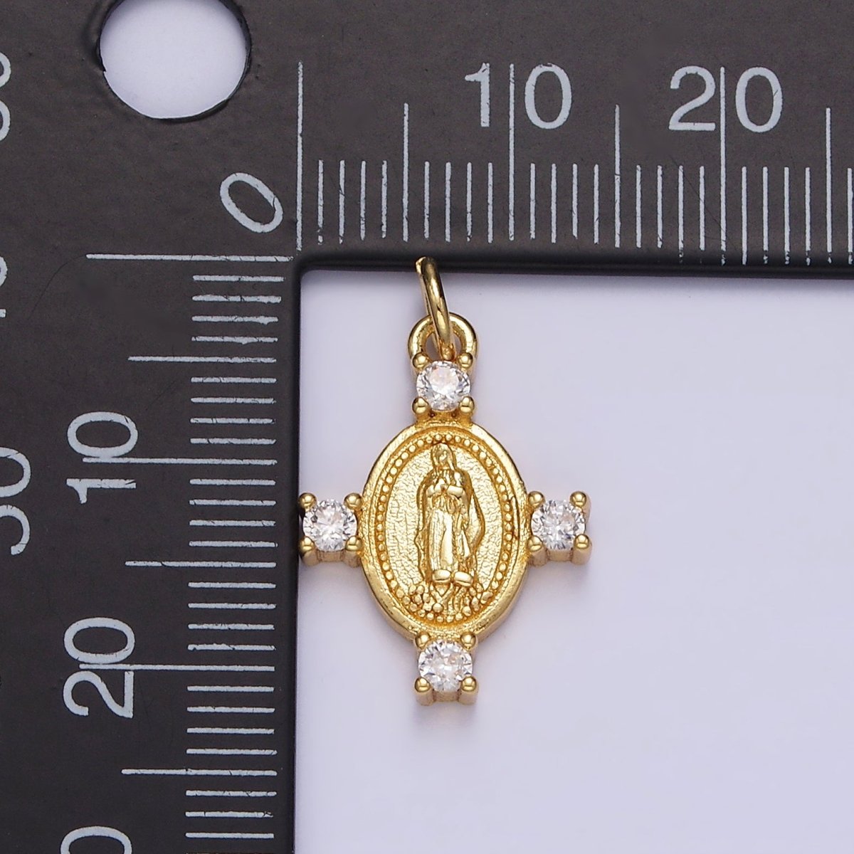 14K Gold Filled 22.5mm Mother Mary Lady Guadalupe Clear CZ Dotted Oval Charm | N-1036 - DLUXCA