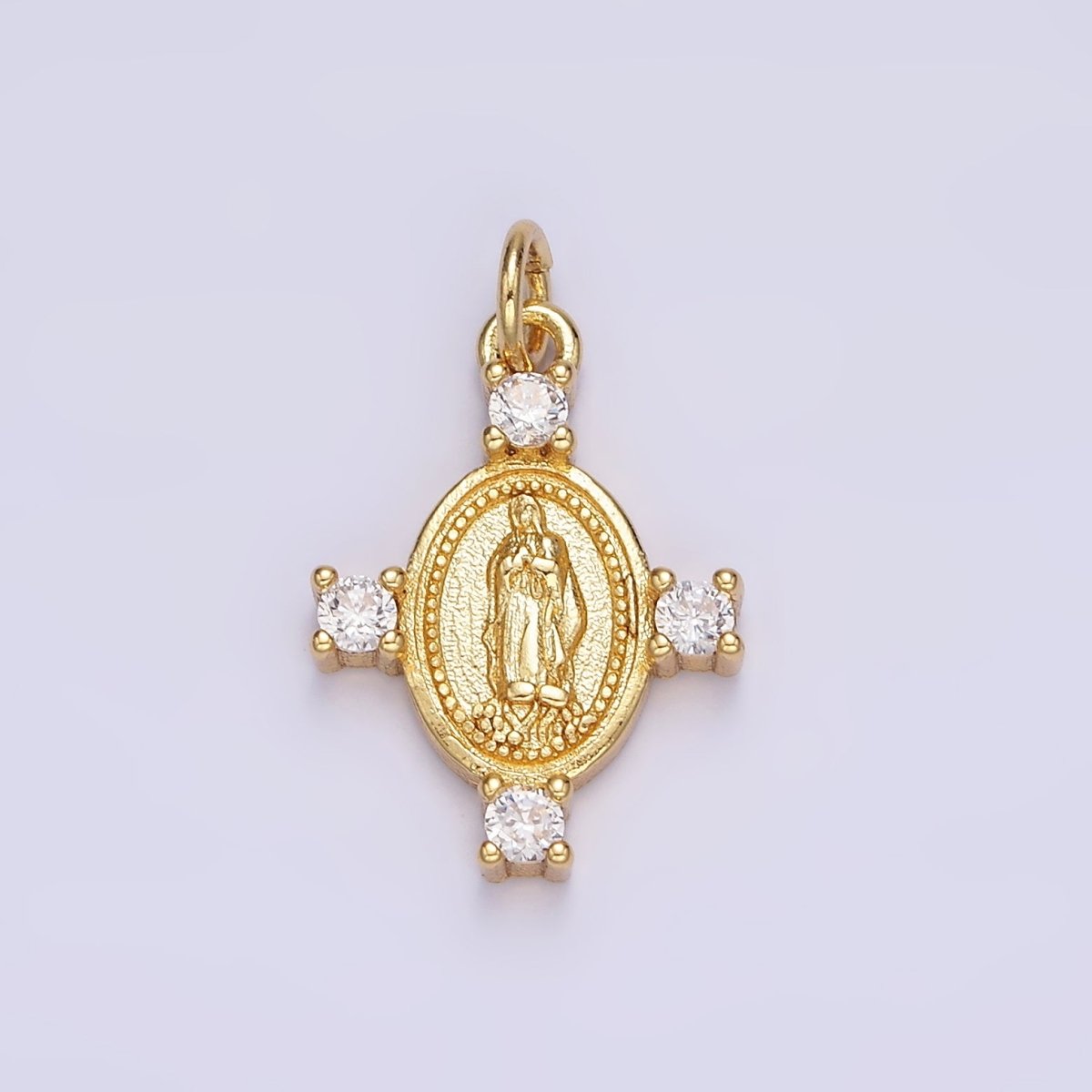 14K Gold Filled 22.5mm Mother Mary Lady Guadalupe Clear CZ Dotted Oval Charm | N-1036 - DLUXCA
