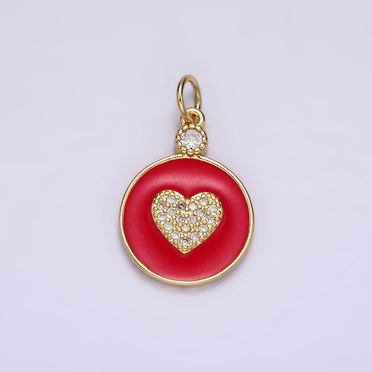 14K Gold Filled 22mm Clear Micro Paved CZ Heart Red Enamel Round Charm | N1733 - DLUXCA