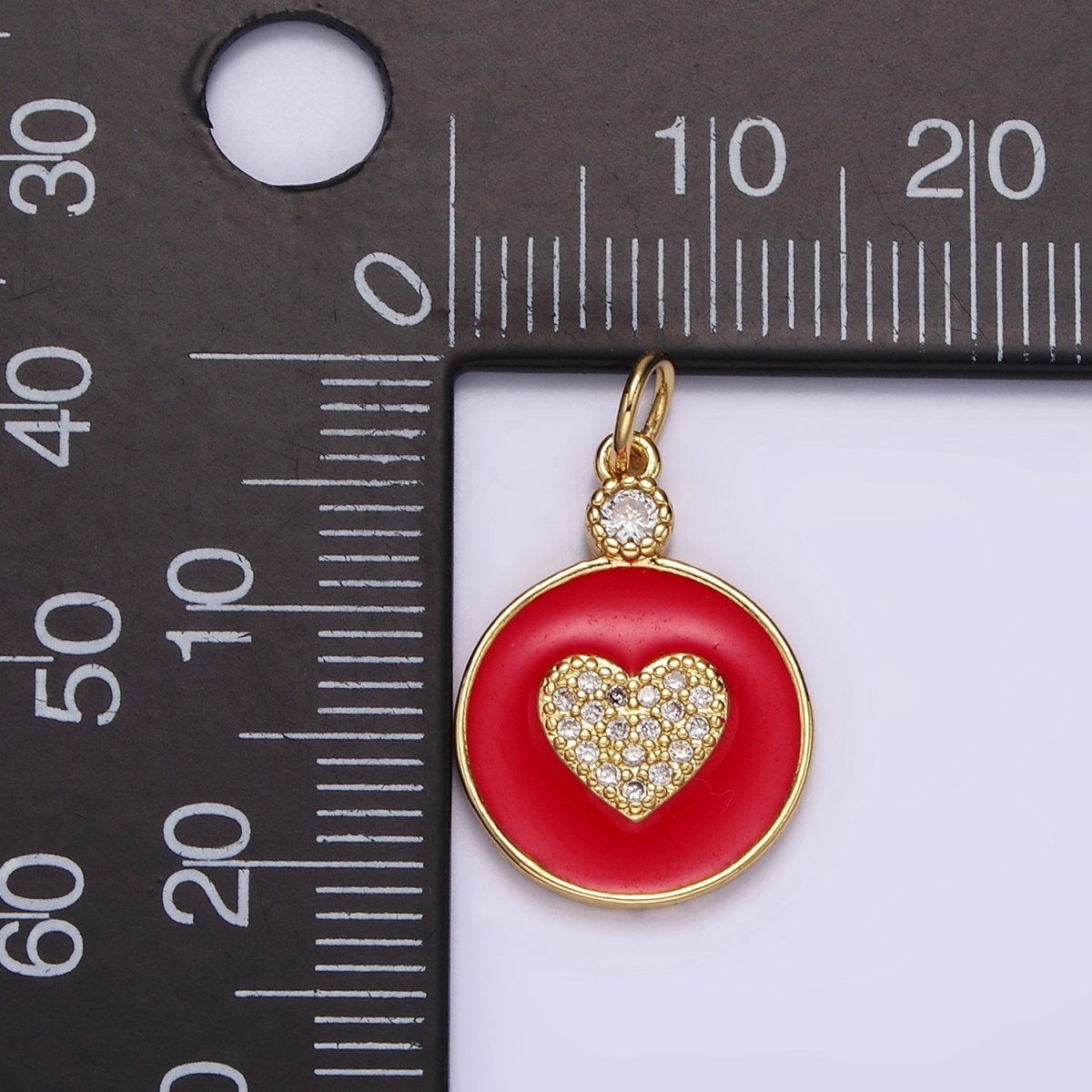 14K Gold Filled 22mm Clear Micro Paved CZ Heart Red Enamel Round Charm | N1733 - DLUXCA