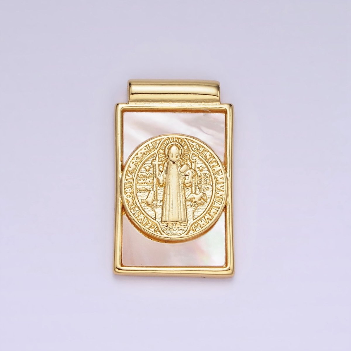 14K Gold Filled 22mm Saint Benedict Shell Pearl Rectangular Pendant | AH155 - DLUXCA