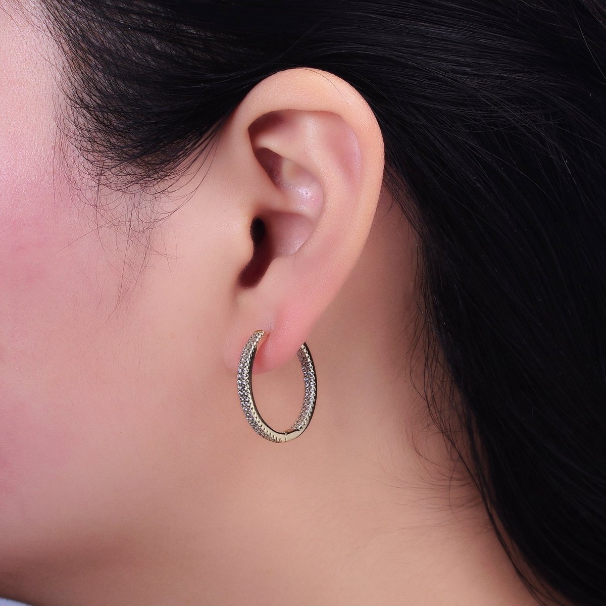 14K Gold Filled 23mm Micro Paved CZ Front-Facing Endless Hoop Huggie Earrings | AD1375 - DLUXCA