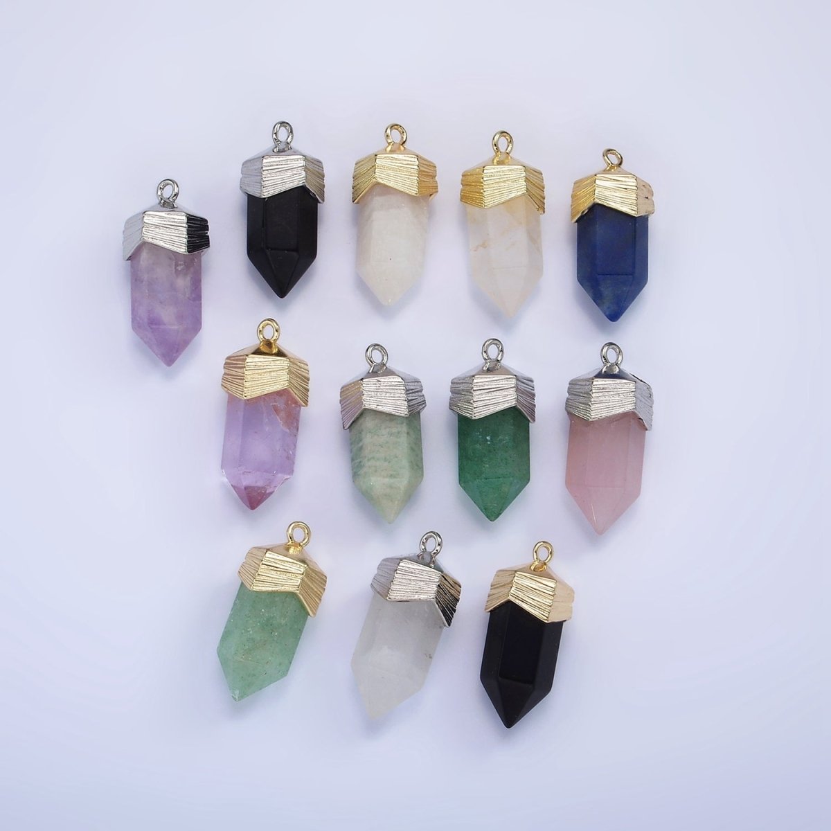 14K Gold Filled 23mm Natural Gemstone Pointed Wand Line-Textured Charm in Silver & Gold | AG342 - AG353