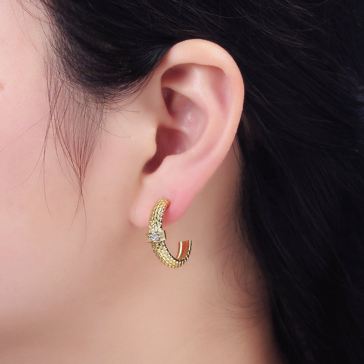 14K Gold Filled 23mm Sphere Textured Clear CZ Micro Paved Bar C-Shaped Hoop Earrings | Y-895 - DLUXCA
