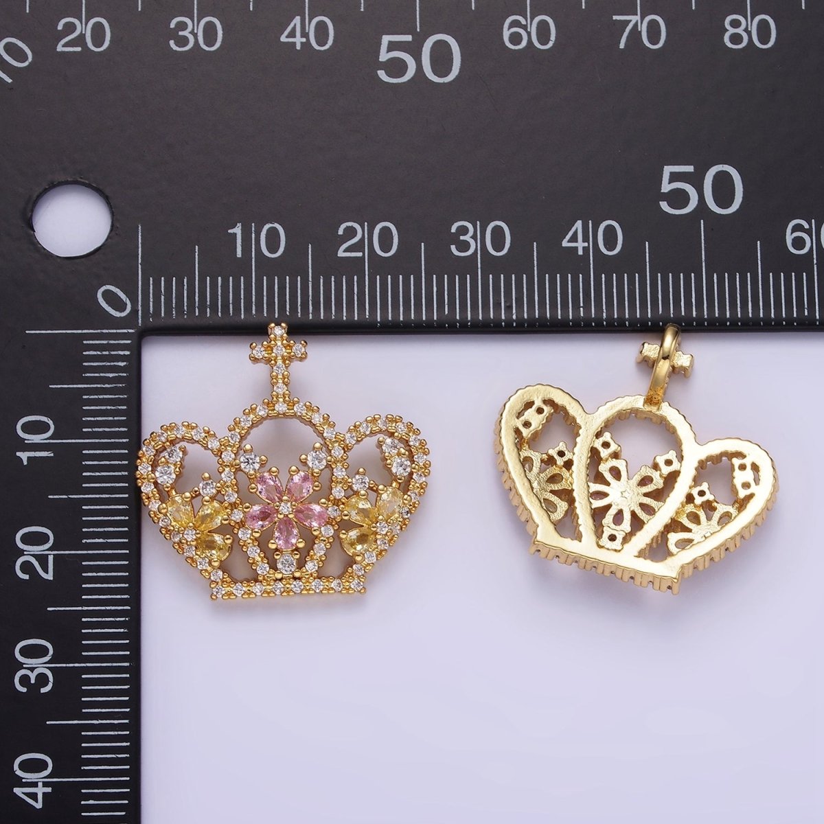 14K Gold Filled 24mm Multicolor Triple Flower CZ Micro Paved Open Cross Royal Crown Pendant | AA1134 - DLUXCA