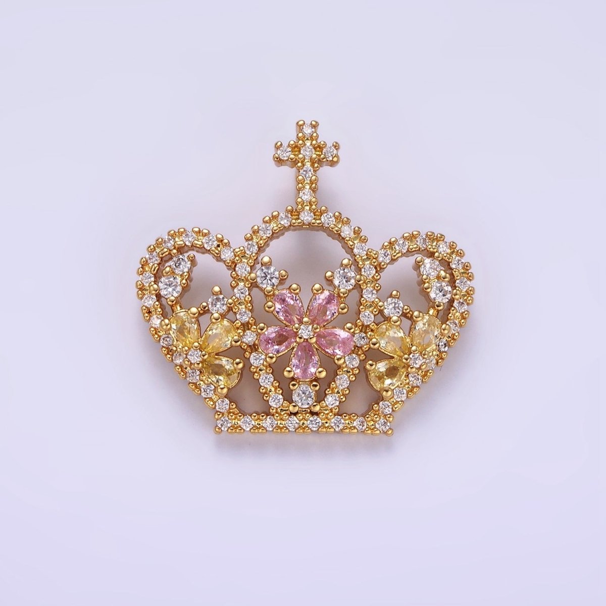 14K Gold Filled 24mm Multicolor Triple Flower CZ Micro Paved Open Cross Royal Crown Pendant | AA1134 - DLUXCA