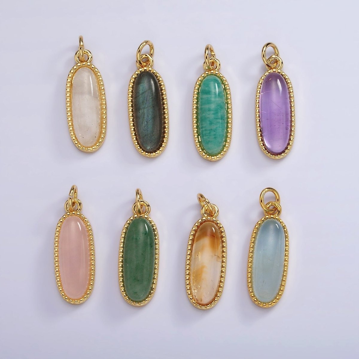 14K Gold Filled 24mm Natural Gemstone Dotted Bezel Oblong Charm | AG566 - AG571