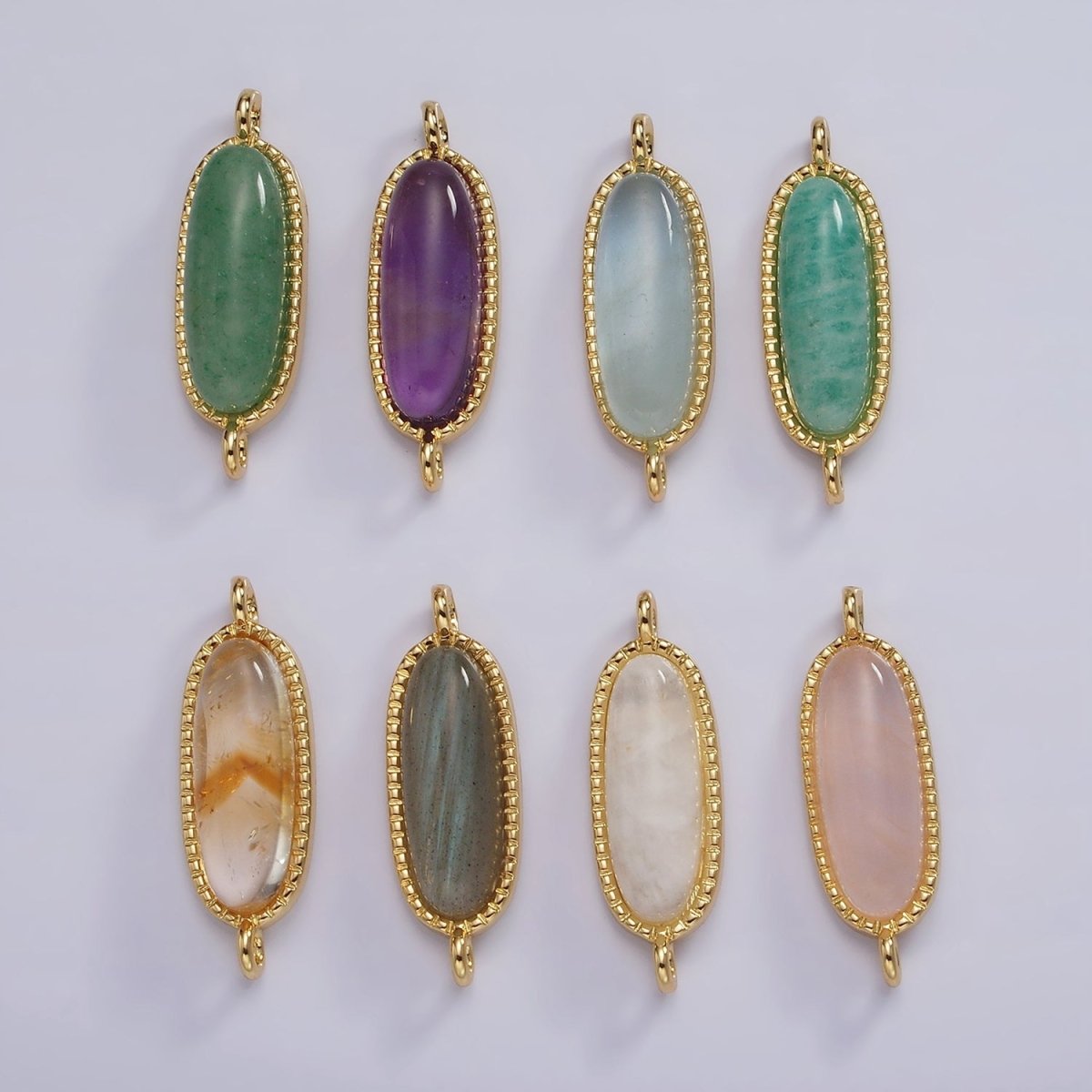 14K Gold Filled 24mm Natural Gemstone Dotted Bezel Oblong Connector | G238 - G243