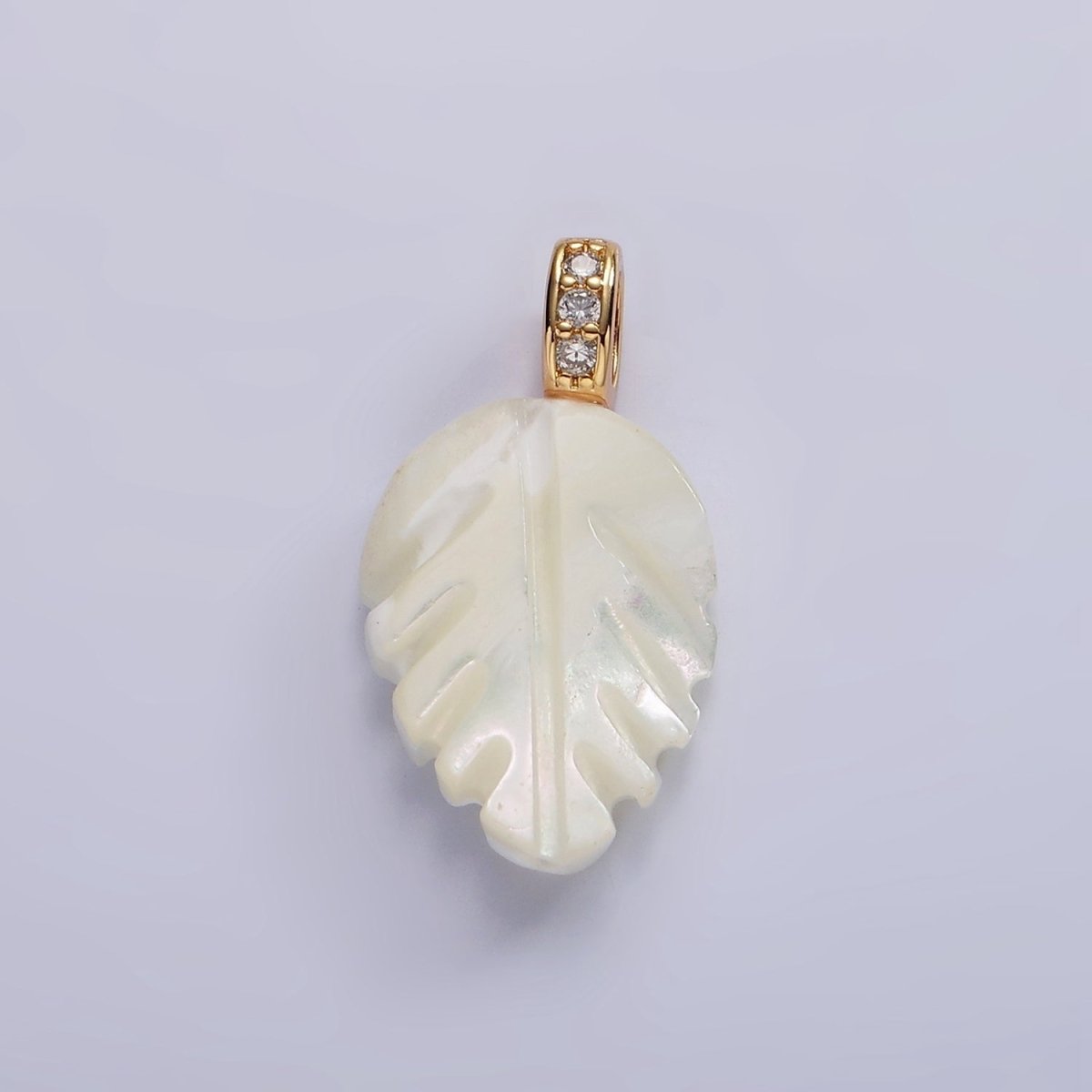 14K Gold Filled 24mm Shell Pearl Nature Plant Leaf Micro Paved CZ Bail Pendant | P1638 - DLUXCA