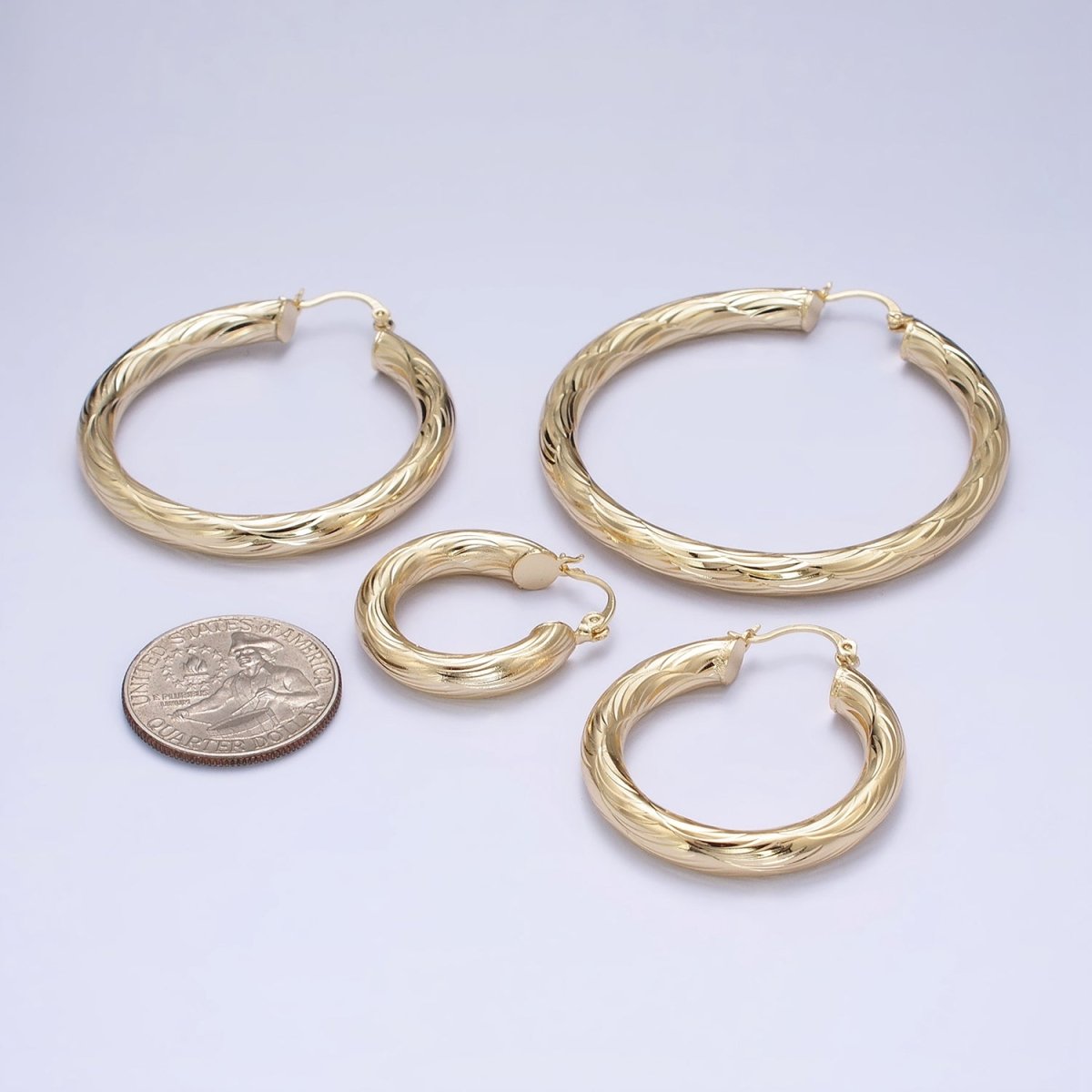 14K Gold Filled 25mm, 35mm, 45mm, 55mm Curved Line-Textured Twisted French Lock Latch Earrings | AE017 - AE020