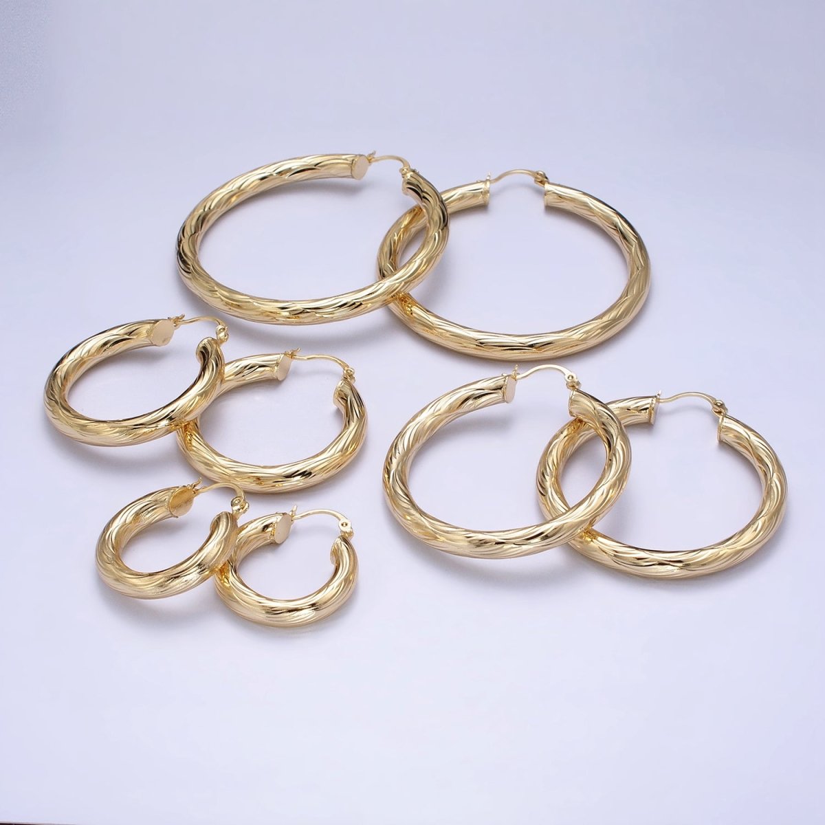 14K Gold Filled 25mm, 35mm, 45mm, 55mm Curved Line-Textured Twisted French Lock Latch Earrings | AE017 - AE020