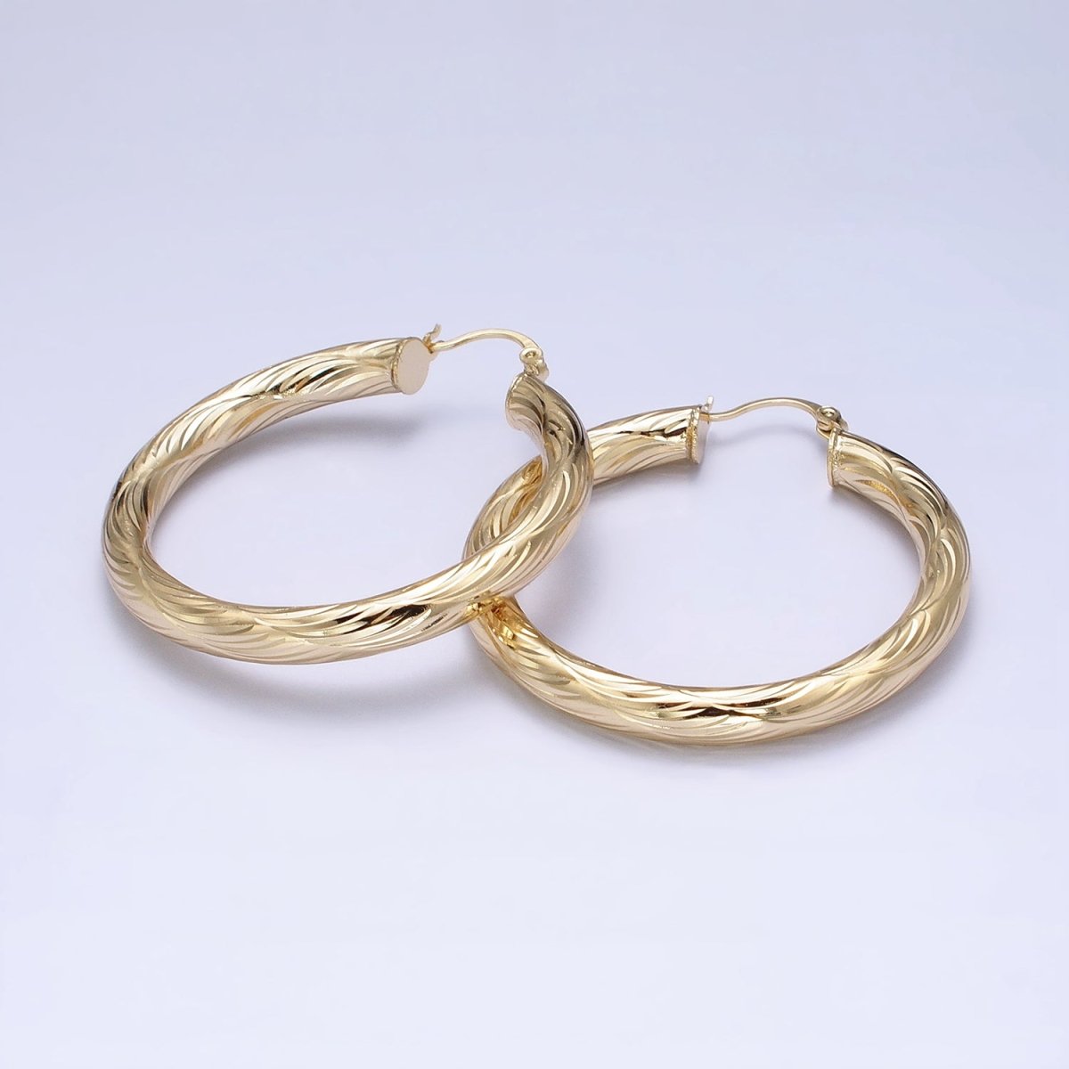 14K Gold Filled 25mm, 35mm, 45mm, 55mm Curved Line-Textured Twisted French Lock Latch Earrings | AE017 - AE020