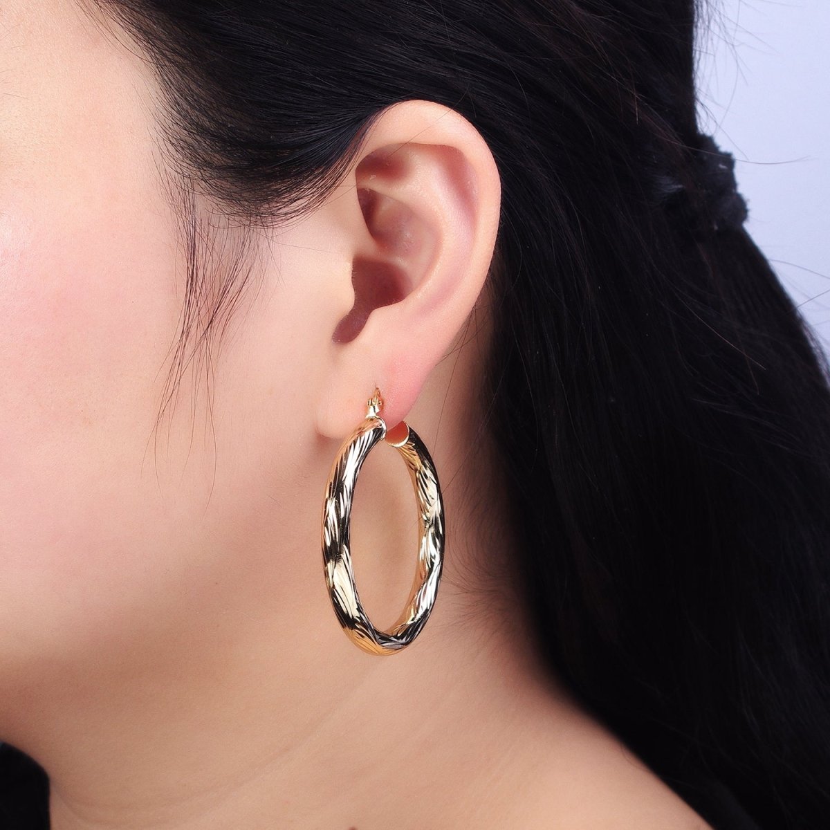 14K Gold Filled 25mm, 35mm, 45mm, 55mm Curved Line-Textured Twisted French Lock Latch Earrings | AE017 - AE020