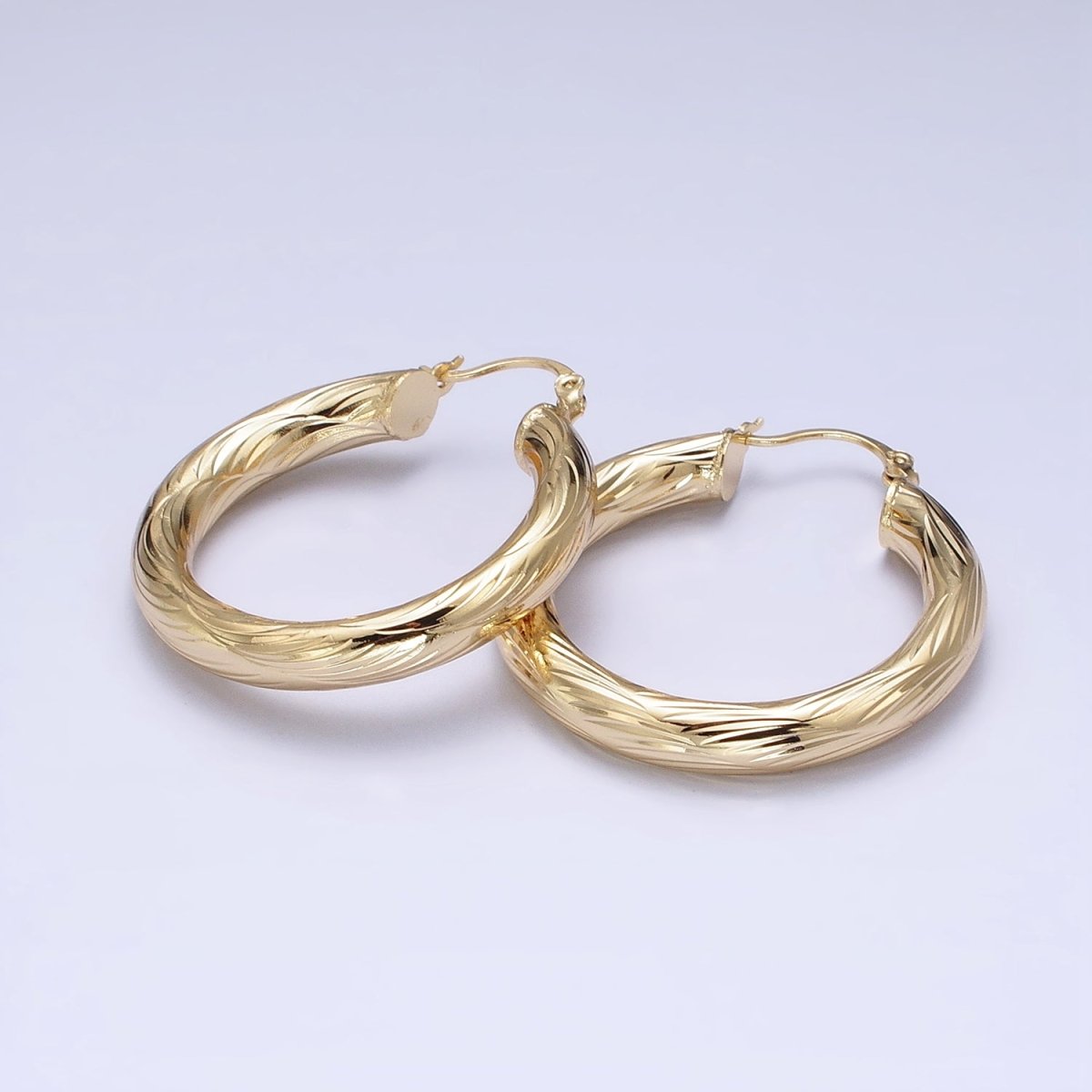 14K Gold Filled 25mm, 35mm, 45mm, 55mm Curved Line-Textured Twisted French Lock Latch Earrings | AE017 - AE020