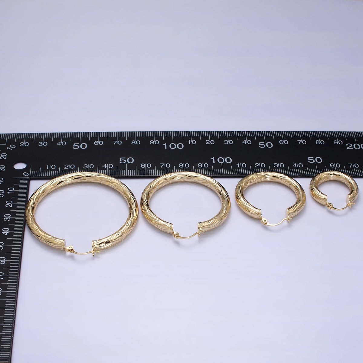 14K Gold Filled 25mm, 35mm, 45mm, 55mm Curved Line-Textured Twisted French Lock Latch Earrings | AE017 - AE020