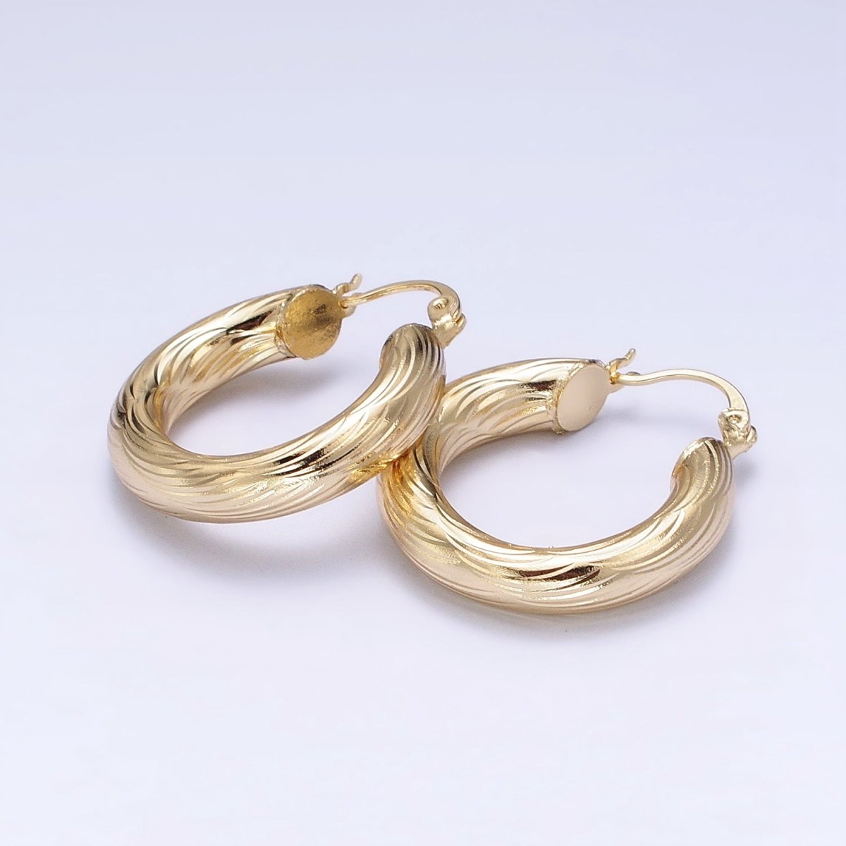 14K Gold Filled 25mm, 35mm, 45mm, 55mm Curved Line-Textured Twisted French Lock Latch Earrings | AE017 - AE020