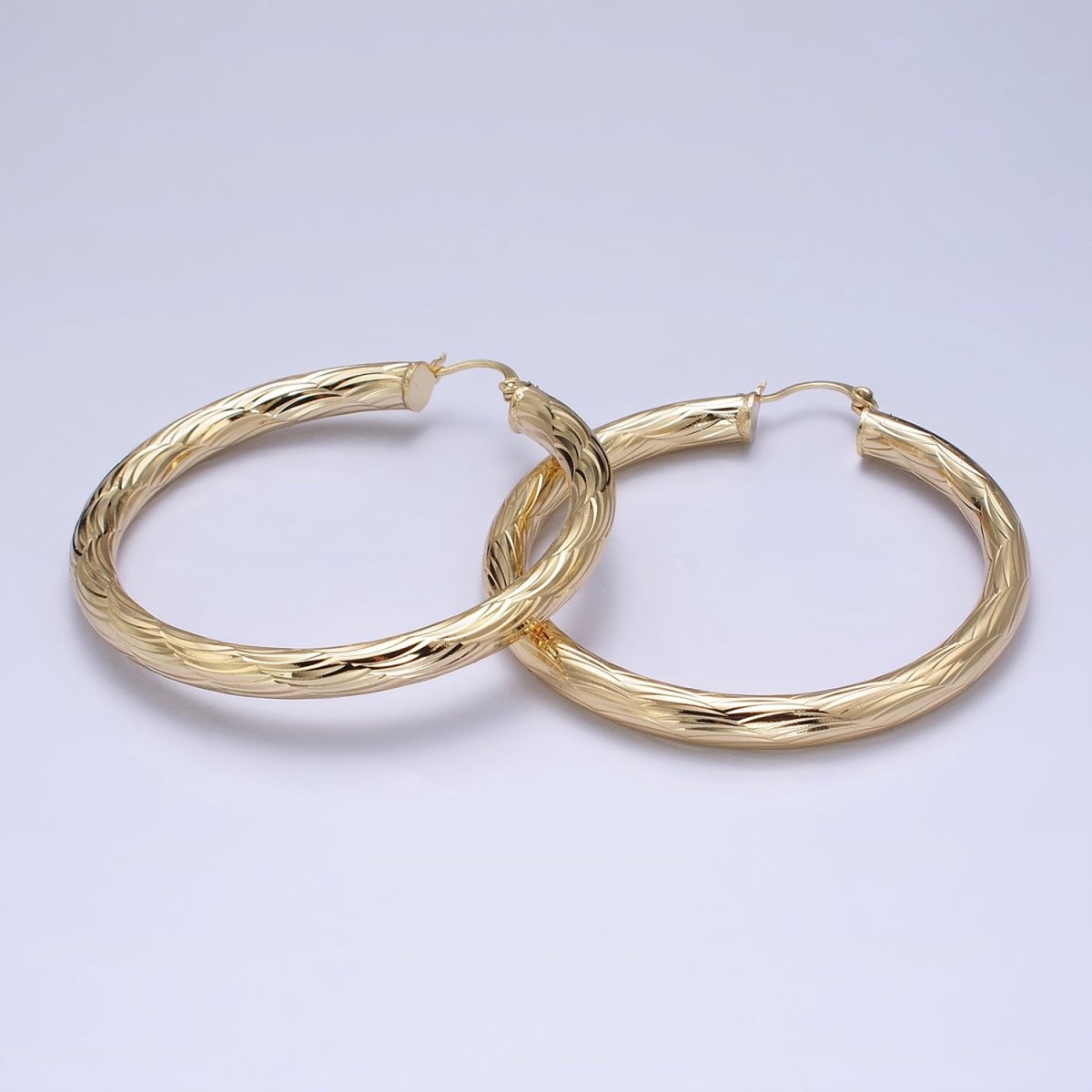 14K Gold Filled 25mm, 35mm, 45mm, 55mm Curved Line-Textured Twisted French Lock Latch Earrings | AE017 - AE020