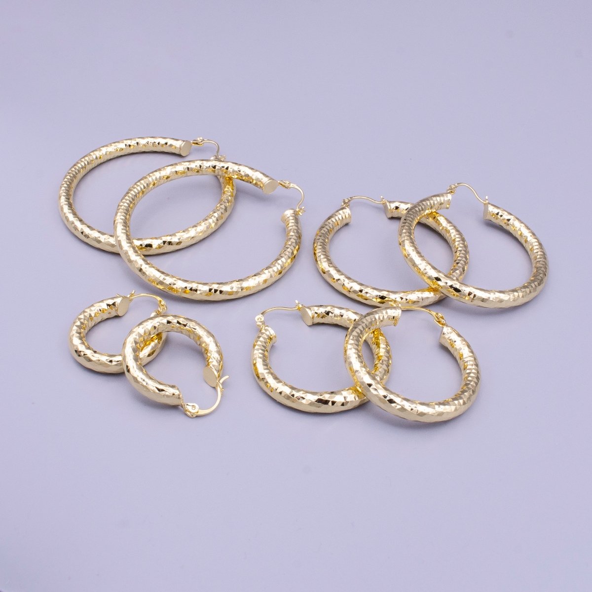 14K Gold Filled 25mm, 35mm, 45mm, 55mm Triangle Multifaceted French Lock Latch Earrings | AE059 - AE062