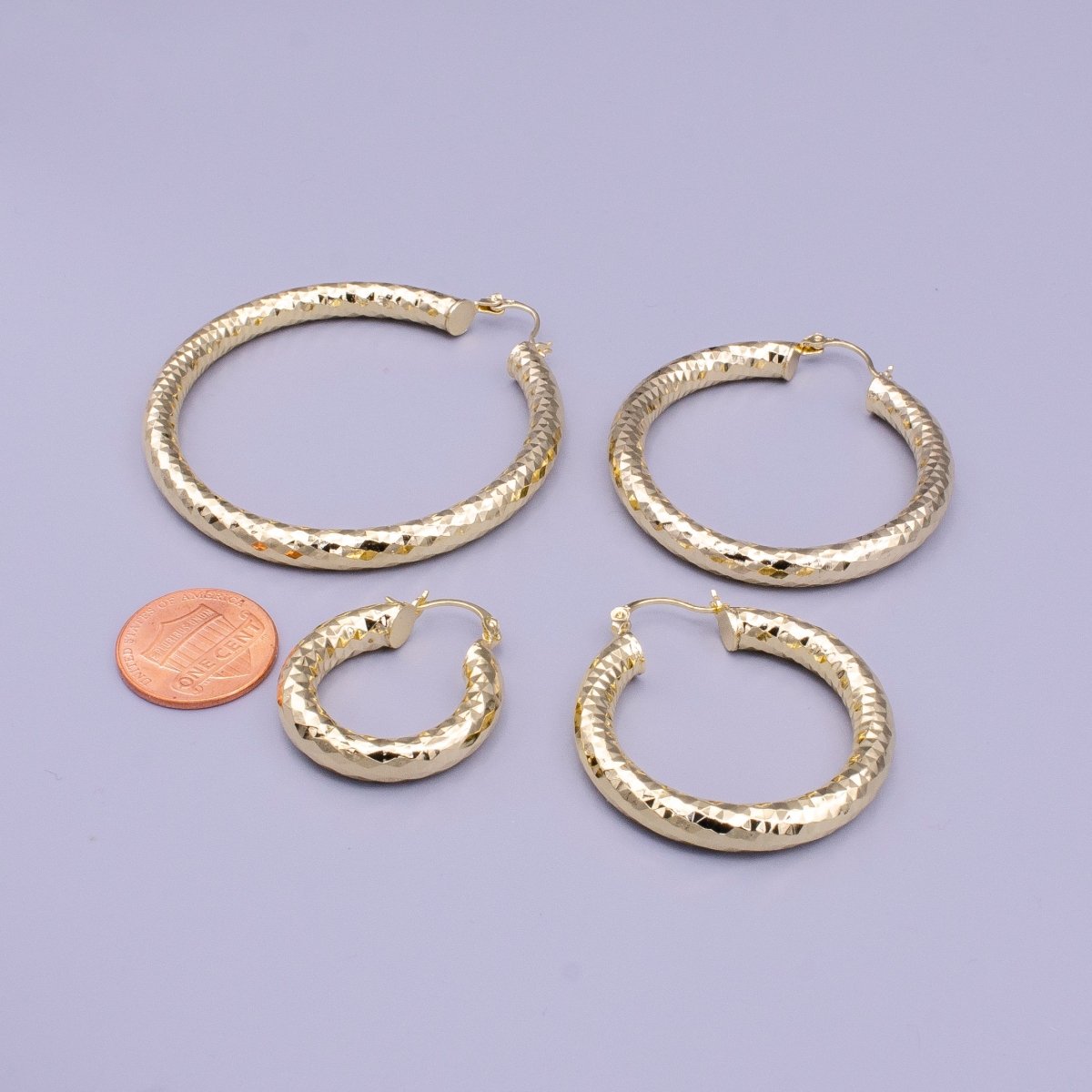 14K Gold Filled 25mm, 35mm, 45mm, 55mm Triangle Multifaceted French Lock Latch Earrings | AE059 - AE062