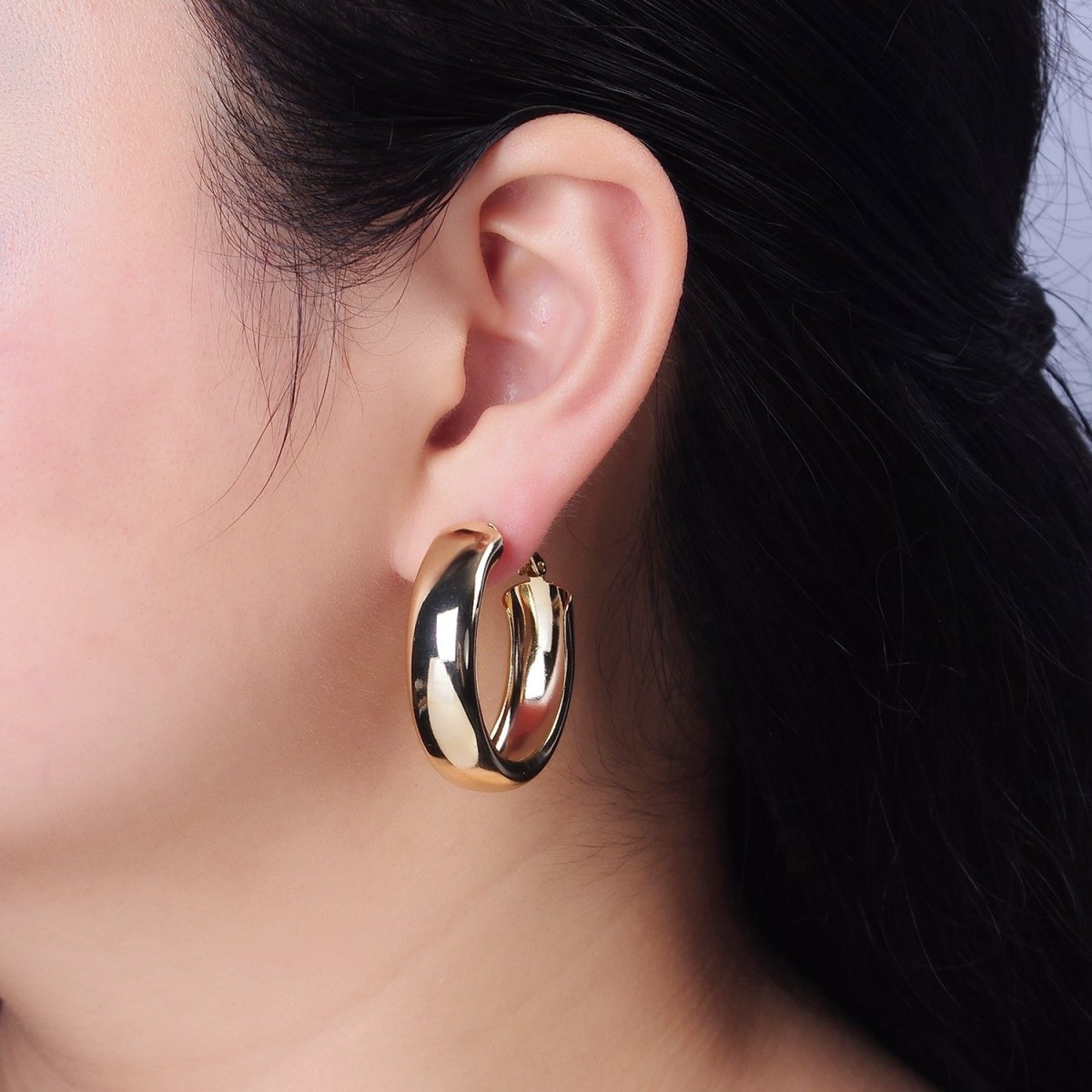 14K Gold Filled 25mm, 35mm, 45mm Wide Band Dome Hinge Hoop Earrings | AE550 AE551 AE407
