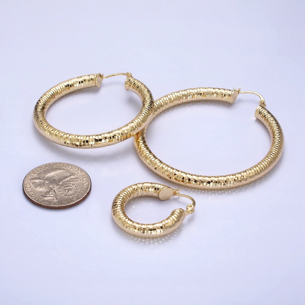 14K Gold Filled 25mm, 45mm, 55mm Round Multifaceted French Lock Latch Earrings | AE054 - AE056
