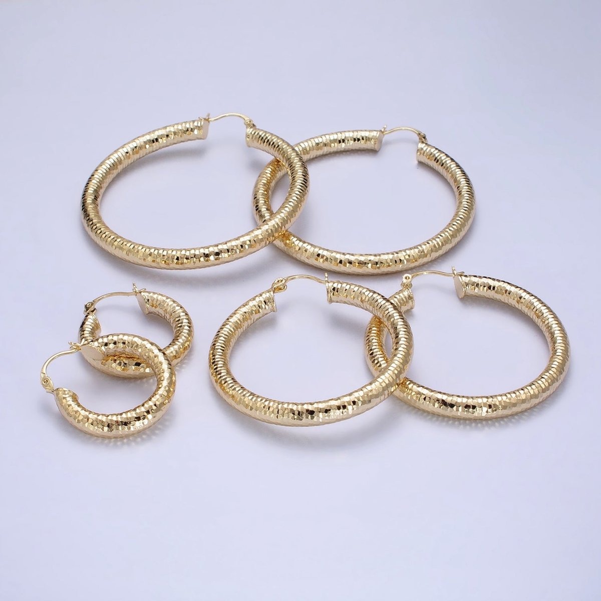 14K Gold Filled 25mm, 45mm, 55mm Round Multifaceted French Lock Latch Earrings | AE054 - AE056