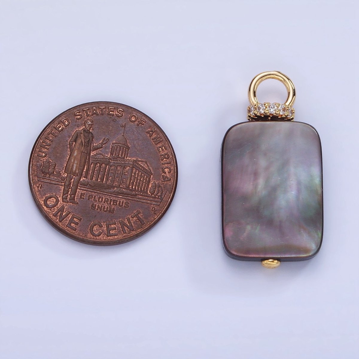 14K Gold Filled 25mm Black Tahitian Shell Pearl Rectangular Flat Micro Paved CZ Pendant | P1680