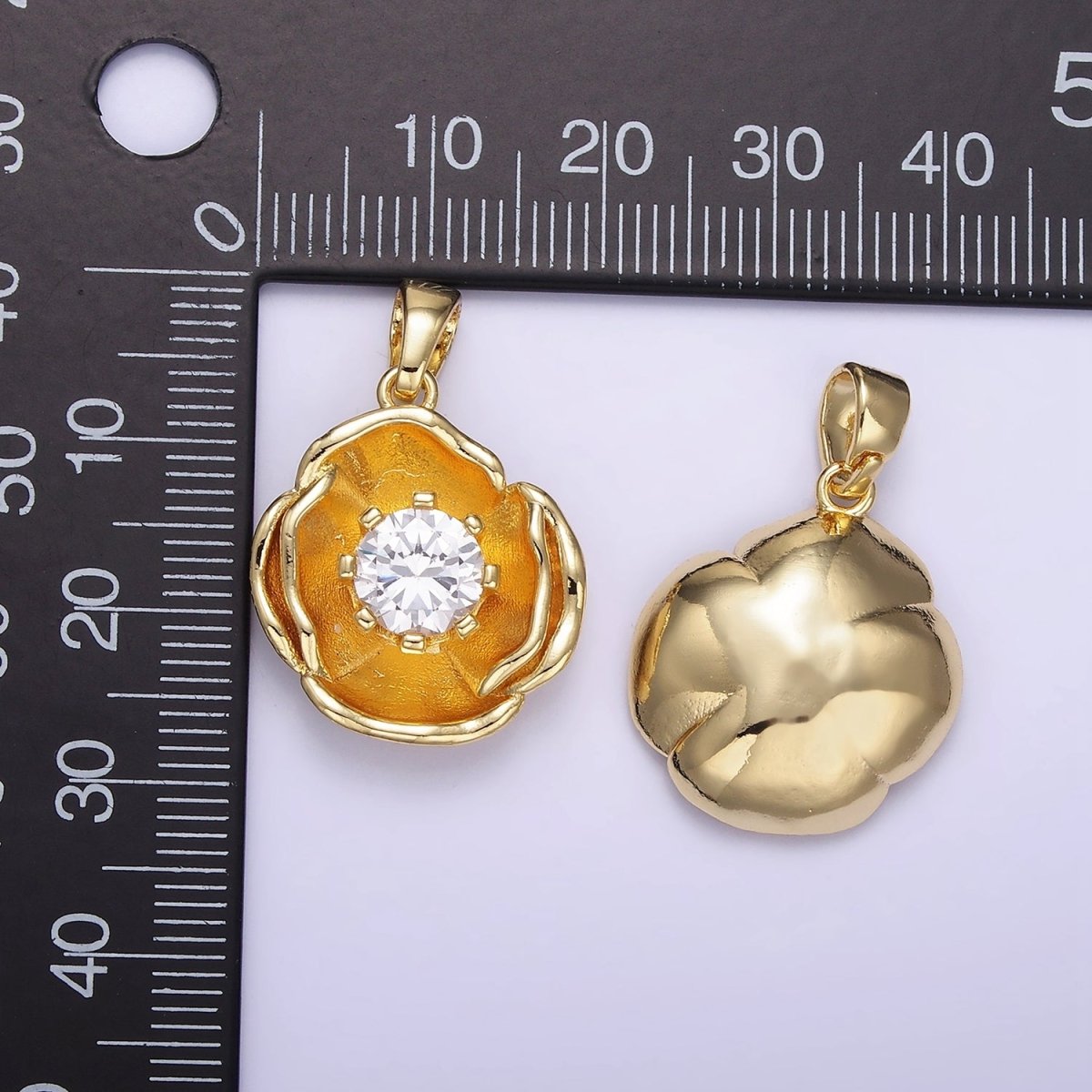 14K Gold Filled 25mm Clear CZ Hammered Dome Petal Flower Pendant | AH154 - DLUXCA