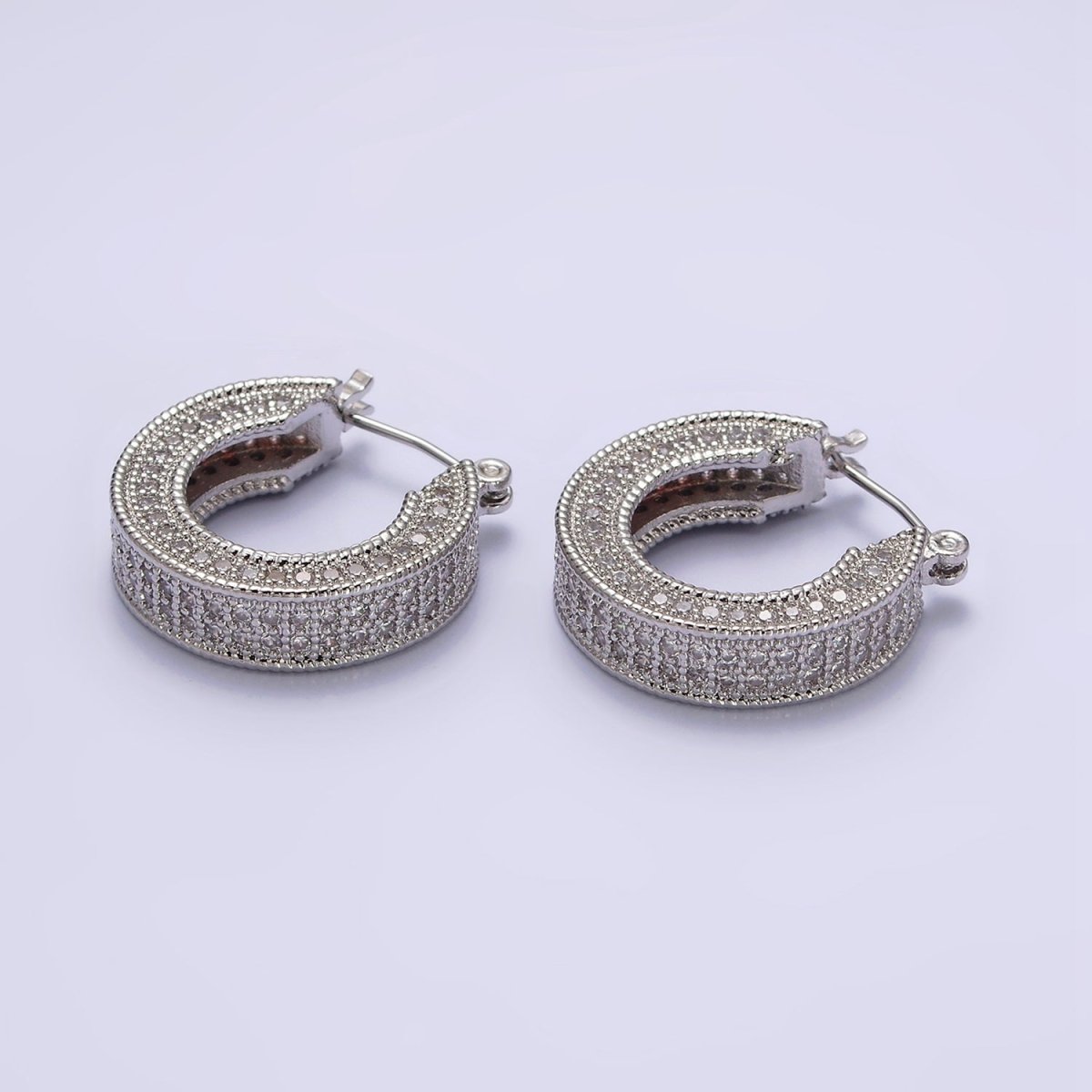 14K Gold Filled 25mm Clear CZ Lined Wide Hoop Latch Earrings in Gold & Silver | AE552 AE553