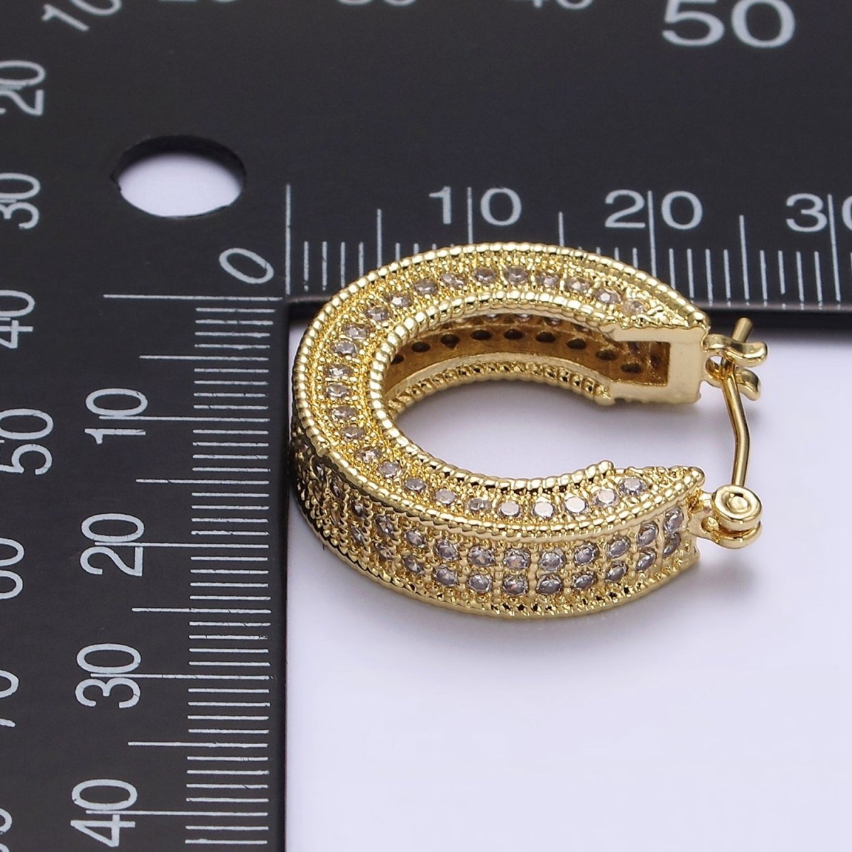14K Gold Filled 25mm Clear CZ Lined Wide Hoop Latch Earrings in Gold & Silver | AE552 AE553