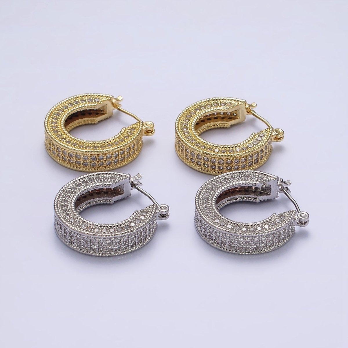 14K Gold Filled 25mm Clear CZ Lined Wide Hoop Latch Earrings in Gold & Silver | AE552 AE553