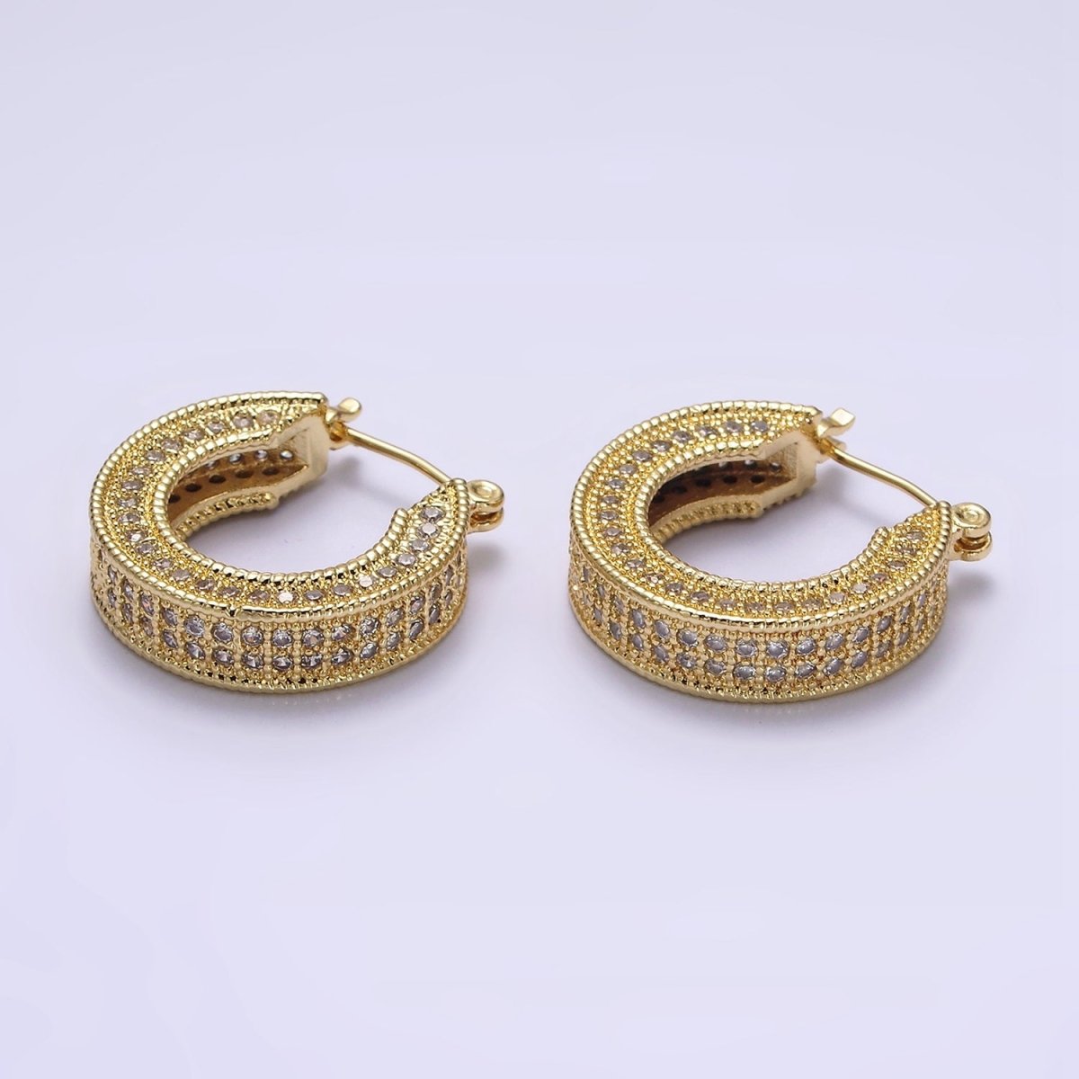 14K Gold Filled 25mm Clear CZ Lined Wide Hoop Latch Earrings in Gold & Silver | AE552 AE553